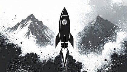 A black rocket blasts upward past a snowy mountain range, against a backdrop of gray and white spray paint.