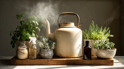 Aromatic herbs and essential oils arranged with a vintage kettle, creating a natural wellness scene.