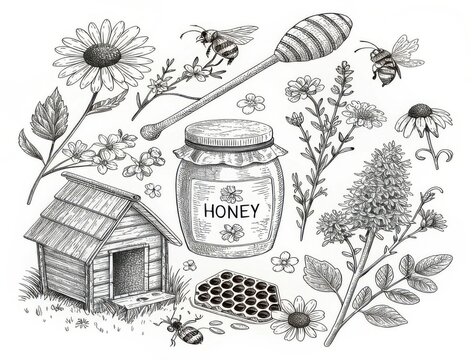 Detailed hand drawn sketch of honey bees honeycomb flowers and a honey jar isolated on white background