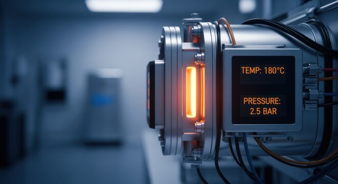 Side view of a compact sorbent module undergoing thermal regeneration to release trapped CO2 with digital gauges displaying temperature and pressure.