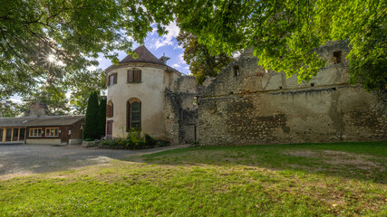 Hornstein Castle ruins with tower and sunlight through trees, Germany