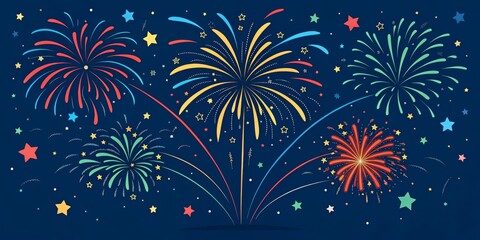 Colorful Fireworks Illustration Art, Night Sky, Celebration, Festive Design Fireworks, art