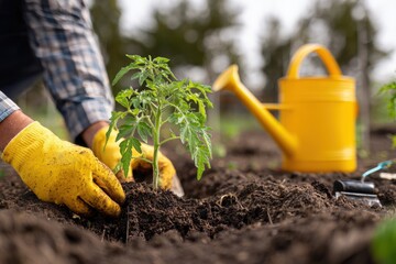 Gardening. Close-up of hands in gloves planting a tomato seedling in soil with a watering can on farmland. Spring working in the garden, taking care of the plants and growing vegetables. Outdoors