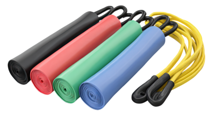 Four colored resistance bands, arranged in a slightly overlapping stack, with a yellow resistance band lying alongside