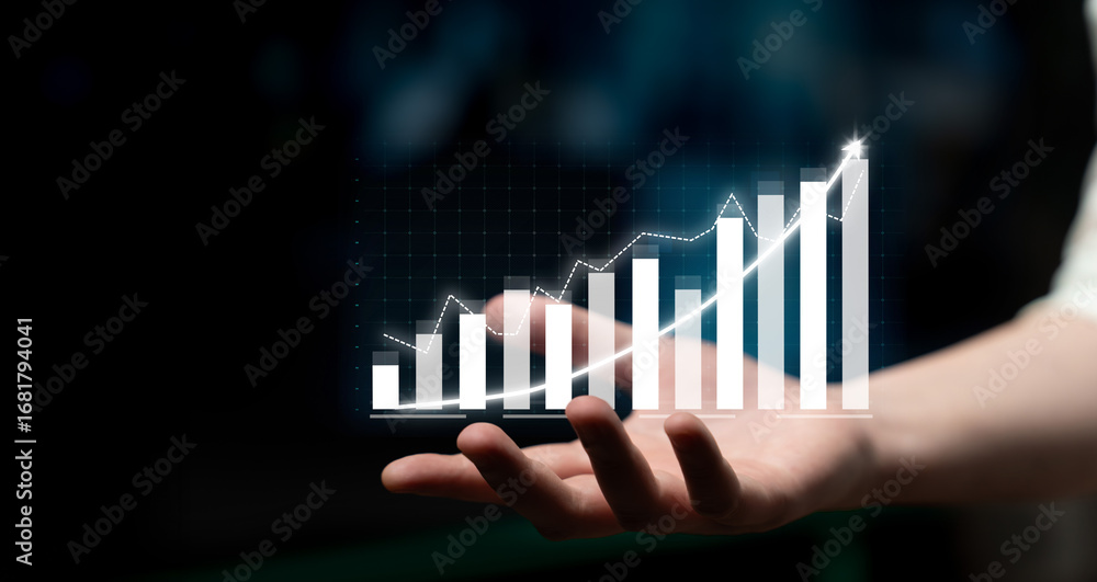 Poster a person holds an animated growth chart in their hand, representing business success and performance
