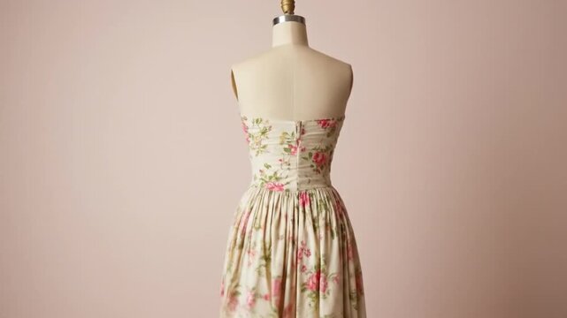 Floral dress on mannequin cream fabric pink roses fashion design apparel display elegant garment