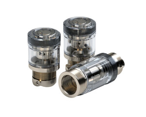 Three metallic, transparent-topped components.  Small, precision-engineered parts, likely industrial