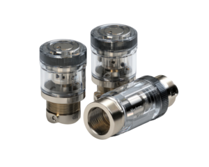 Three metallic, transparent-topped components.  Small, precision-engineered parts, likely industrial