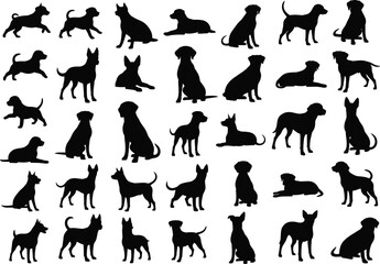 Dog silhouettes collection, various dog breeds, black dog shapes, canine poses, pet animals, sitting dogs, standing dogs, playful dogs, dog clipart, animal vectors
