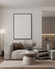Modern Living Room Poster Frame Mockup with Natural Light and Minimalist Decoration. 3D render.