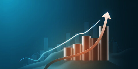 Rising bar graph with upward arrow on a blue background representing growth and success