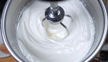Whipped egg whites are being mixed in a stainless steel stand mixer, showcasing a smooth, creamy texture.