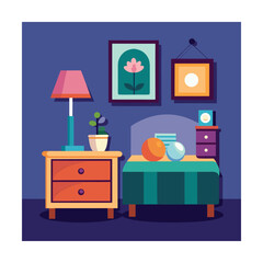 Simple Bedroom with Nightstand Lamp and Wall Art