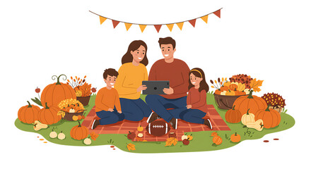 Naklejka premium Thanksgiving and Football Vector Illustrations on White Background – Family, Friends, and Festive Sports Scenes