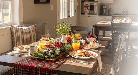 Christmas breakfast table setting with festive decoration and morning light. Cozy holiday meal in a home kitchen.
