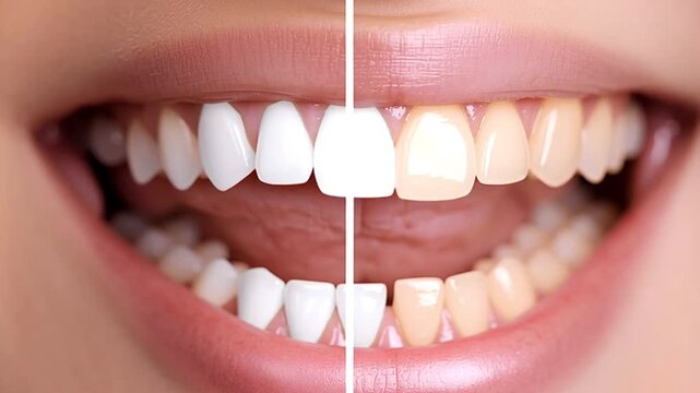 Perfect smile showing teeth whitening process, transforming yellow teeth into white healthy teeth, demonstrating the effectiveness of dental procedures