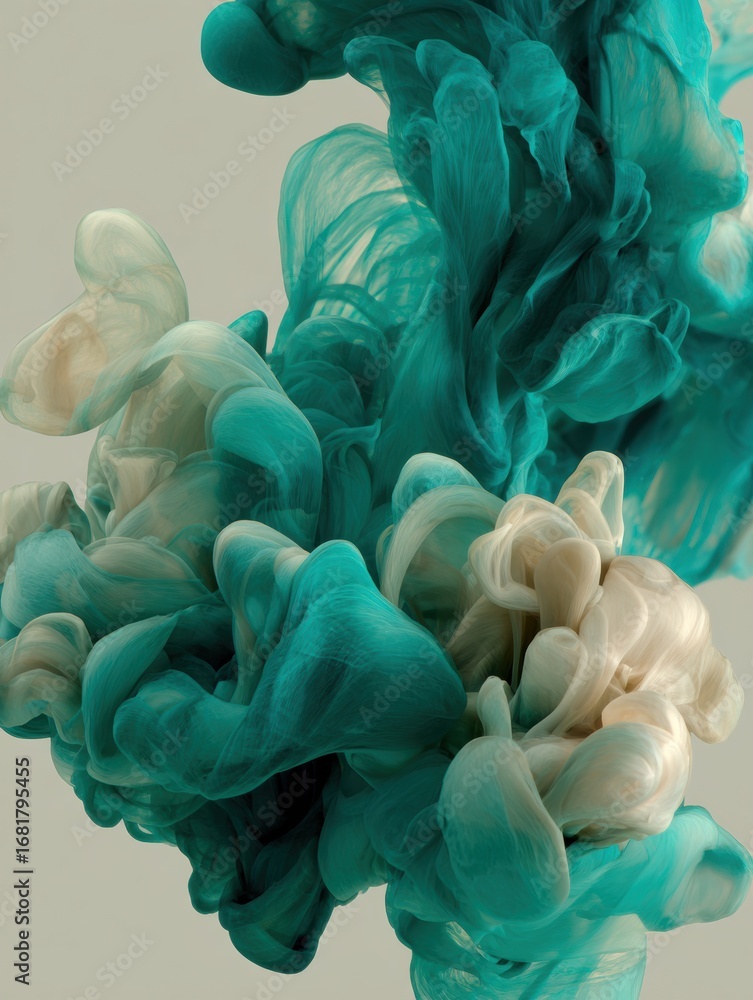 Poster colorful swirling abstract forms creating a dynamic display of teal and cream tones against a neutra