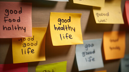 Sticky notes reading "good food, good health, good life" symbolizing simple wellness reminders. 