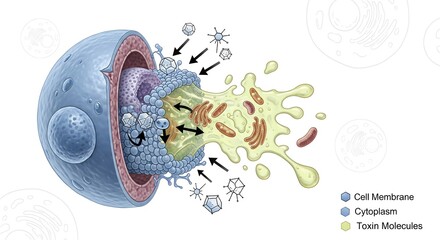 Scientific illustration showing a cross-section of a cell being destroyed by toxins, leading to cellular lysis