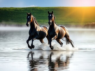Two brown horses running through shallow water at sunrise with green hills in the background, symbolizing the year 2026.
