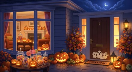 Charming Halloween night scene with glowing pumpkins and spooky decorations