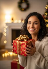 Woman holding a red christmas gift with a gold bow. Holiday celebration concept for seasonal advertising and greeting card.