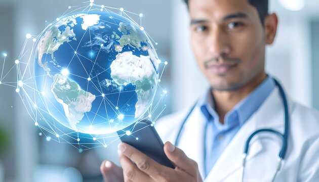 A doctor intently examines a global network projected onto a mobile device, highlighting advancements in healthcare technology.