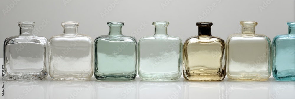 Poster glass bottles in various shapes and colors arranged in a line for a decorative display in an artisti