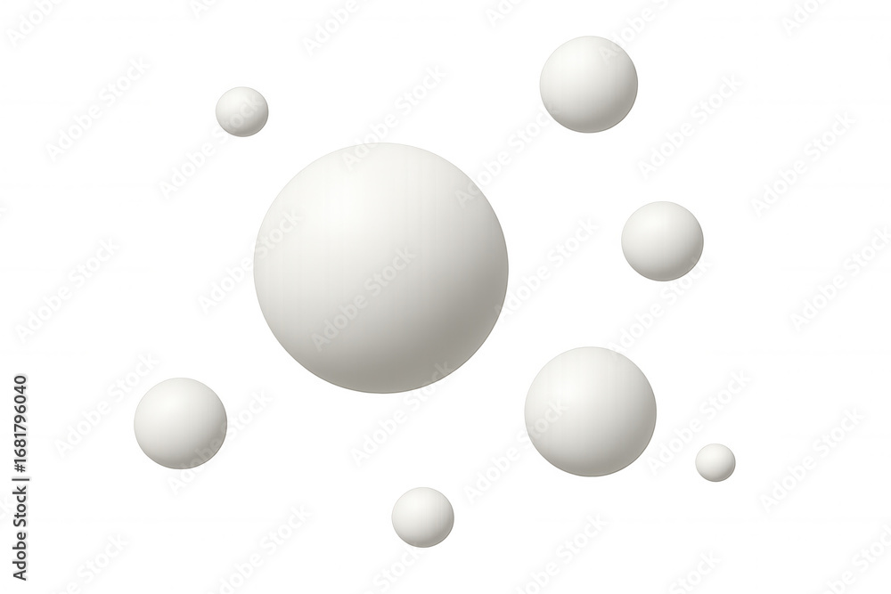 Poster white spheres varying in size floating weightlessly, forming minimalist geometric pattern on transpa