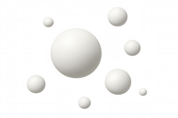 White spheres varying in size floating weightlessly, forming minimalist geometric pattern on transparent backdrop