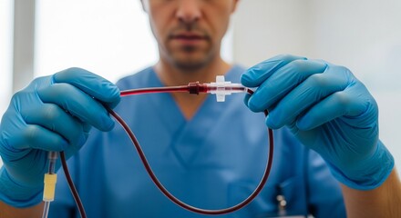 Male nurse preparing blood sample in medical laboratory with gloves  