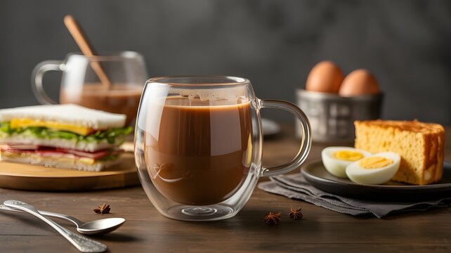 Brown coffee in glass mug reflects light, set on wood surface, great for food photography, blog headers, and breakfast branding.