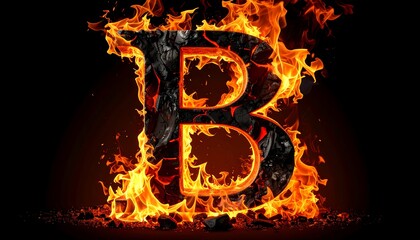 Fiery capital letter B, formed by burning dark material, ablaze with vibrant flames against a dark background.