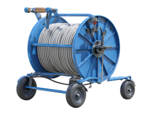 Blue wheeled hose reel with coiled hose