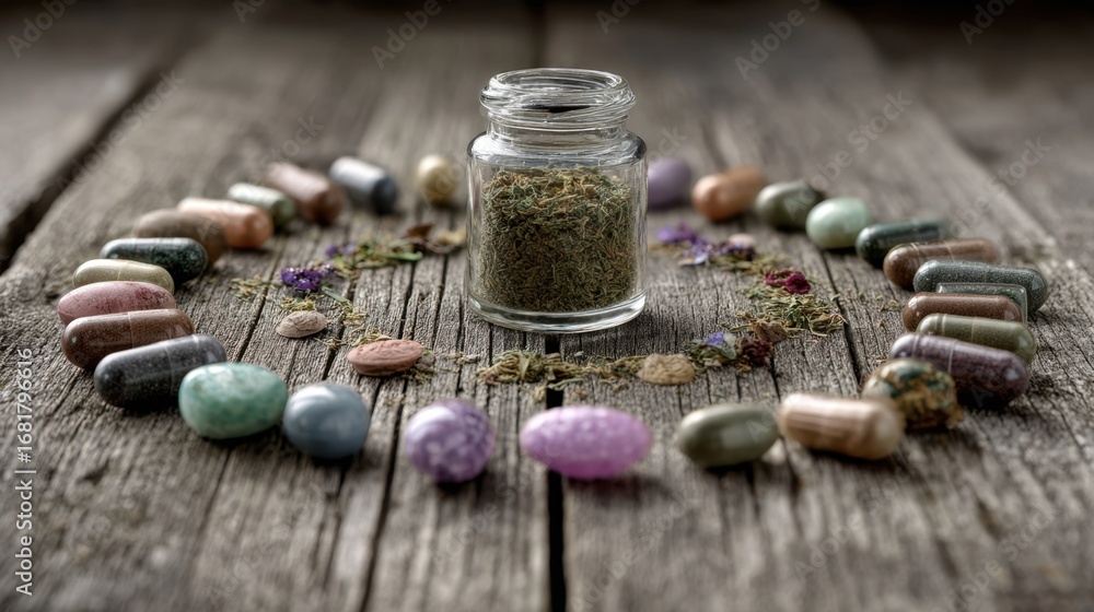 Poster Circular arrangement of dried herbs and capsules on rustic wooden surface with the central jar in crisp focus and surrounding items softly blurred for depth