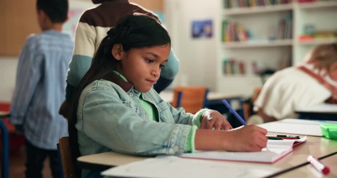 Class, writing and children with paper at school for education, child development and lesson. Academy, students and kids with notes for learning literacy skills, knowledge and studying for growth