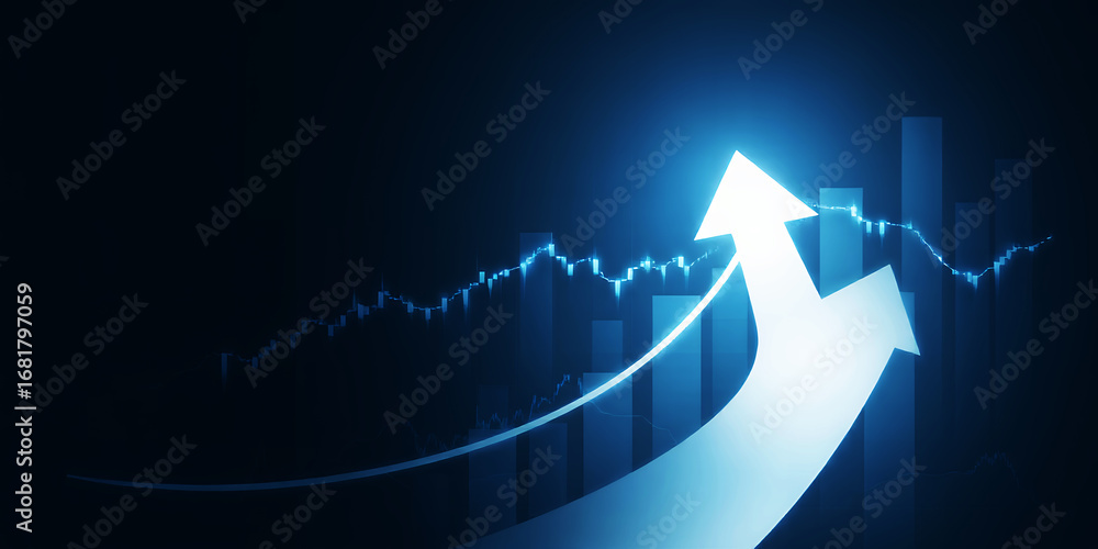 Aufkleber a glowing upward arrow with a line graph and bar chart against a dark background