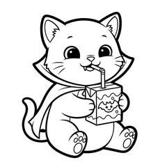 Obraz premium Cute cartoon kitten dressed as a vampire, enjoying a Halloween-themed juice box