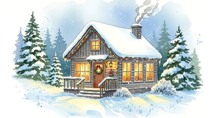 A watercolor painting of a cozy cabin decorated for christmas in a snowy winter wonderland scene
