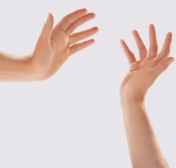 Two hands extend toward each other, symbolizing connection and communication. The focus is on the...