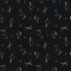 Seamless halloween pattern with skulls crosses moon and scary doodles on dark background for spooky holiday design projects