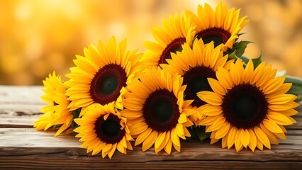 Sunflowers on a rustic wooden surface with warm golden tones and natural sunlight.