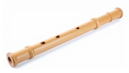Naklejka premium Traditional Japanese shakuhachi flute—bamboo body, natural wood tone, cylindrical shape, finger holes, flared ends, smooth polished surface, cultural and meditative ambiance.