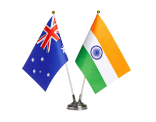 Table flag of India and Australia miniature desk flags for international representation isolated on white background
