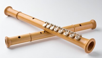 Naklejka premium Traditional Japanese shakuhachi flute—bamboo body, natural wood tone, cylindrical shape, finger holes, flared ends, smooth polished surface, cultural and meditative ambiance.