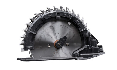 Close-up of a circular saw blade.  Metal circular saw blade, dark gray housing.  Sharp teeth visible.  Industrial equipment