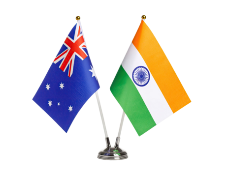Table flag of India and Australia miniature desk flags for international representation isolated on white background
