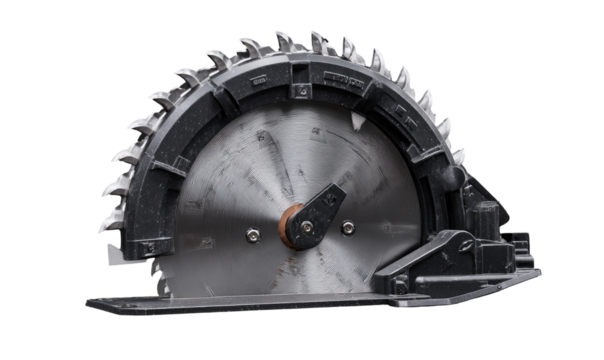 Close-up of a circular saw blade.  Metal circular saw blade, dark gray housing.  Sharp teeth visible.  Industrial equipment