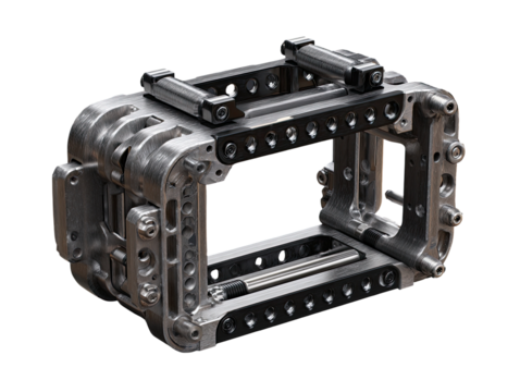 Metal camera rig, modular design.  Components for mounting and stabilizing a camera