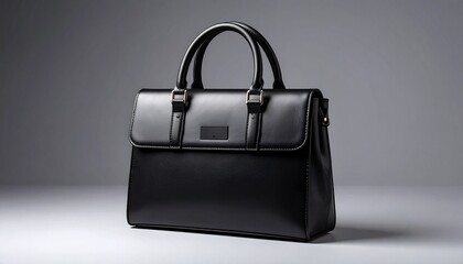 Black leather handbag—structured silhouette, top handle, detachable shoulder strap, flap closure with metallic clasp, smooth texture, elegant and professional.